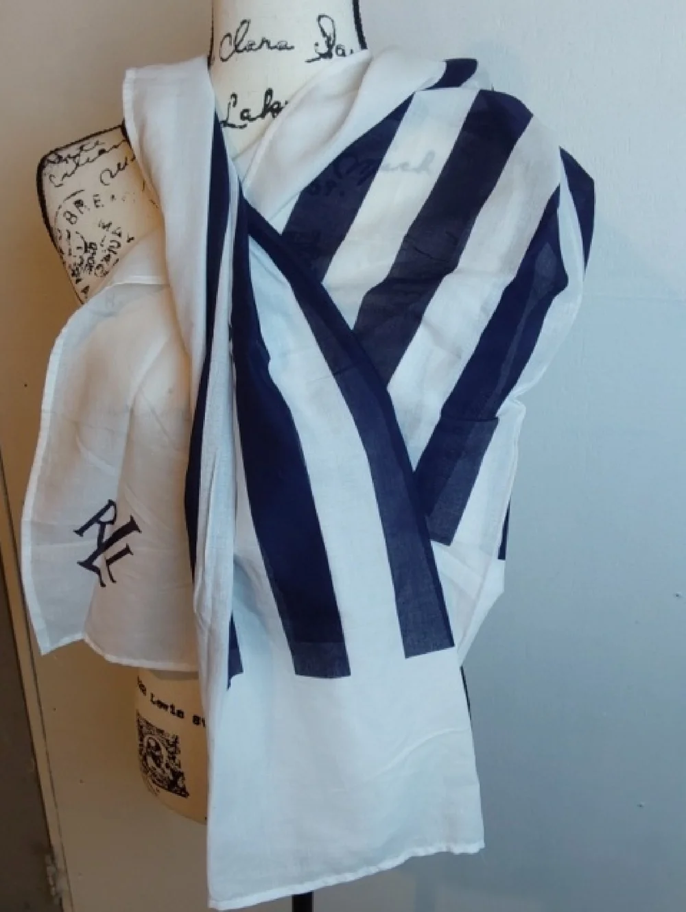 Lauren Ralph Lauren |Navy & White Vertical Stripe Coastal Monogram Cotton Scarf